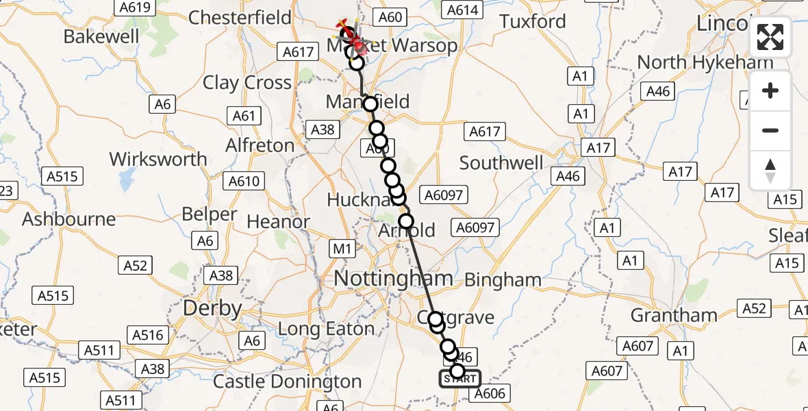 Flight path map showing Air Ambulance Helicopter route from Hickling to Shirebrook