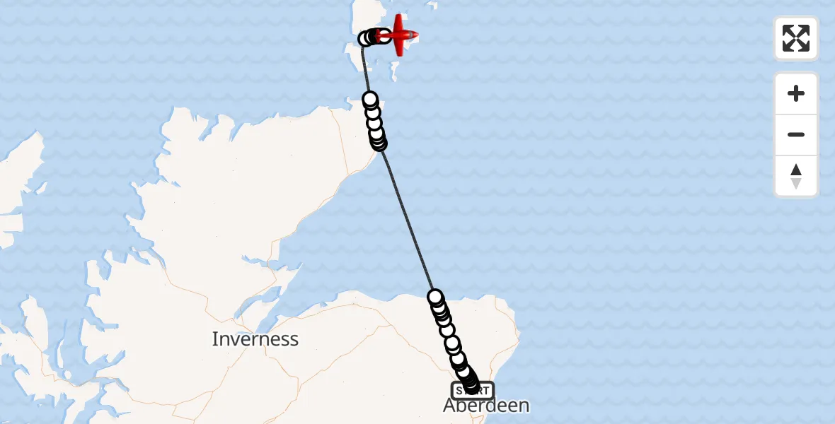 Flight path map showing Air Ambulance Aircraft route from Dyce and Stoneywood to Kirkwall