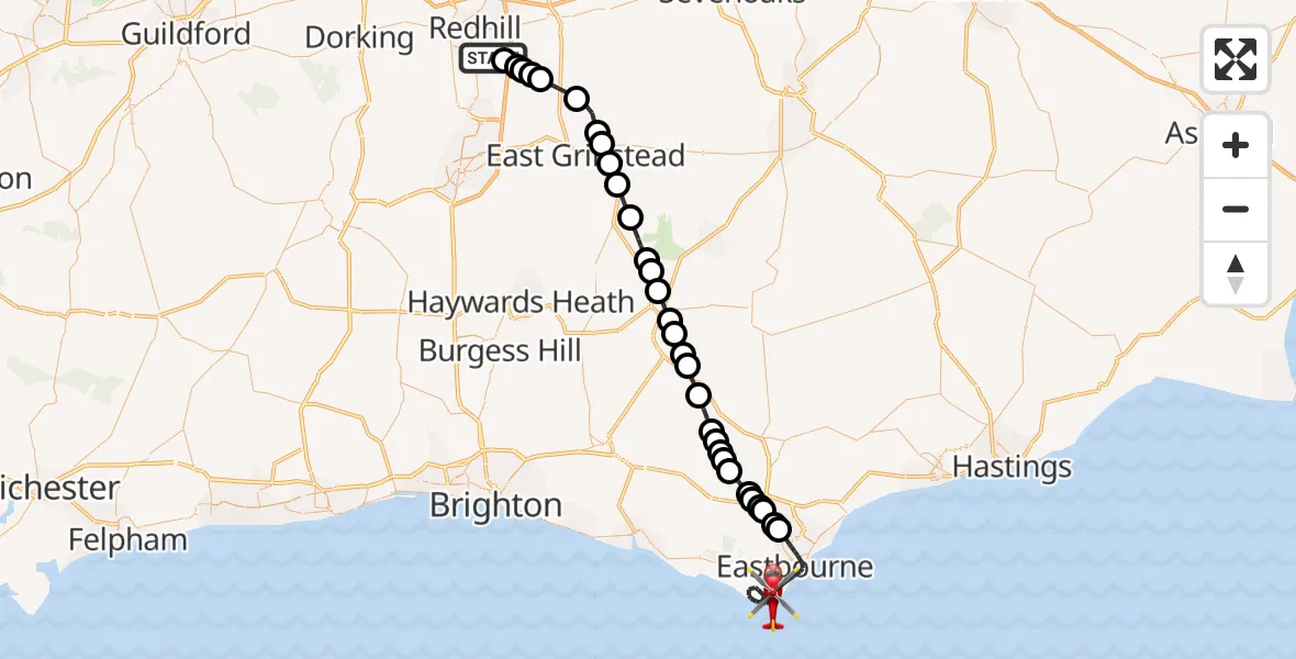 Flight path map showing Air Ambulance Helicopter route from Redhill Aerodrome to Eastbourne