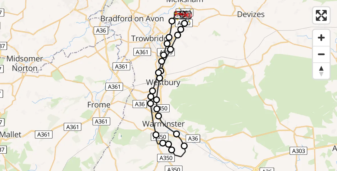 Flight path map showing Air Ambulance Helicopter route from Wiltshire Air Ambulance to Wiltshire Air Ambulance