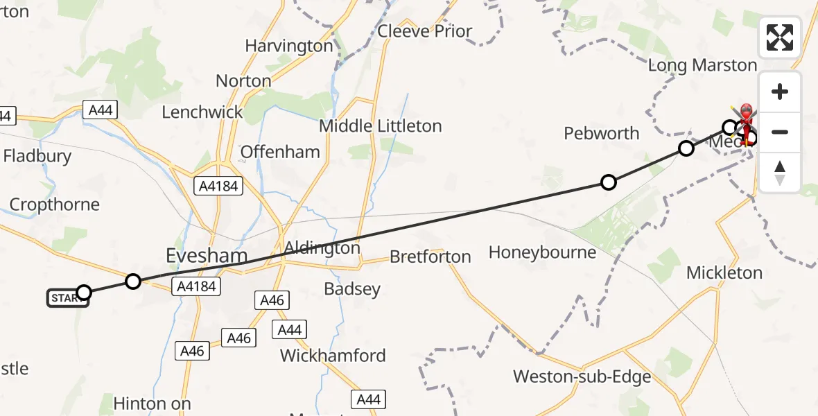 Flight path map showing Air Ambulance Helicopter route from Cropthorne to Long Marston CP