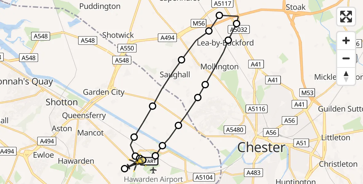 Flight path map showing Police Helicopter route from Hawarden Airport to Broughton