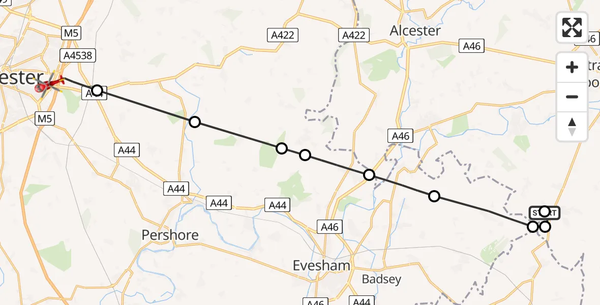 Flight path map showing Air Ambulance Helicopter route from Long Marston CP to Worcester