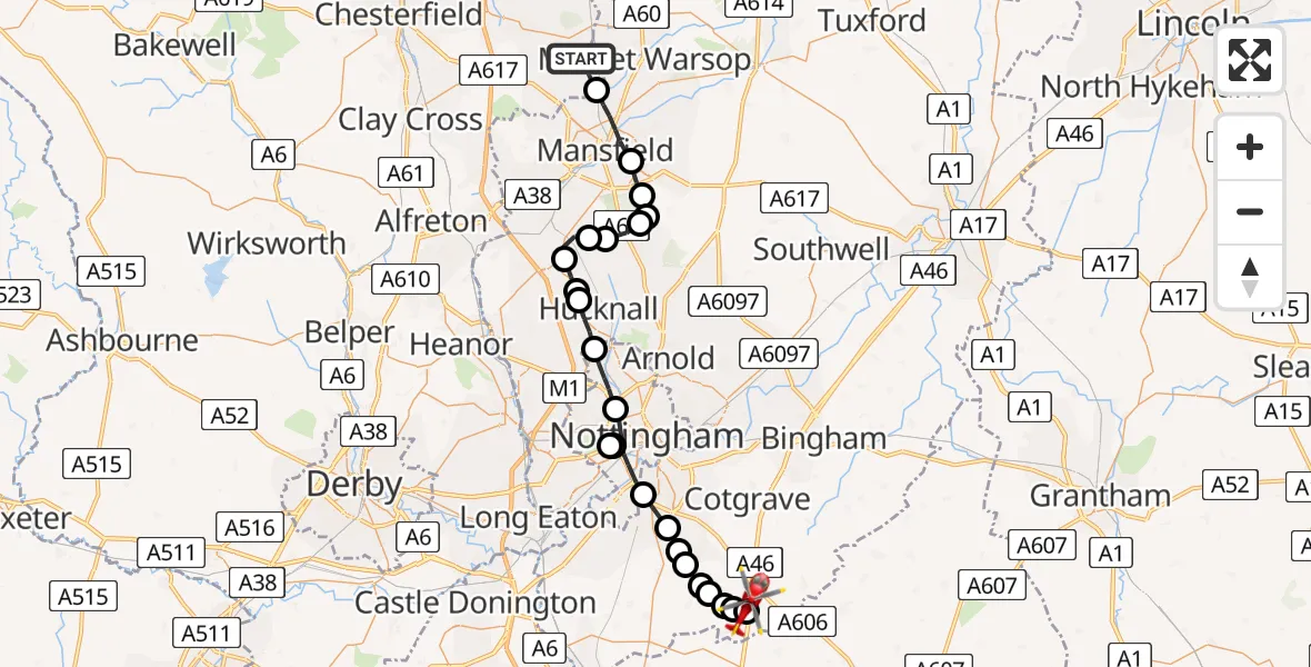 Flight path map showing Air Ambulance Helicopter route from Shirebrook to Nottingham Heliport
