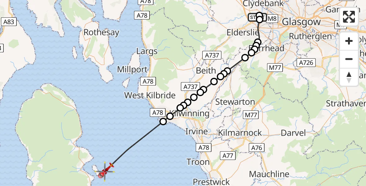Flight path map showing Air Ambulance Helicopter route from Glasgow Airport to Inner Seas