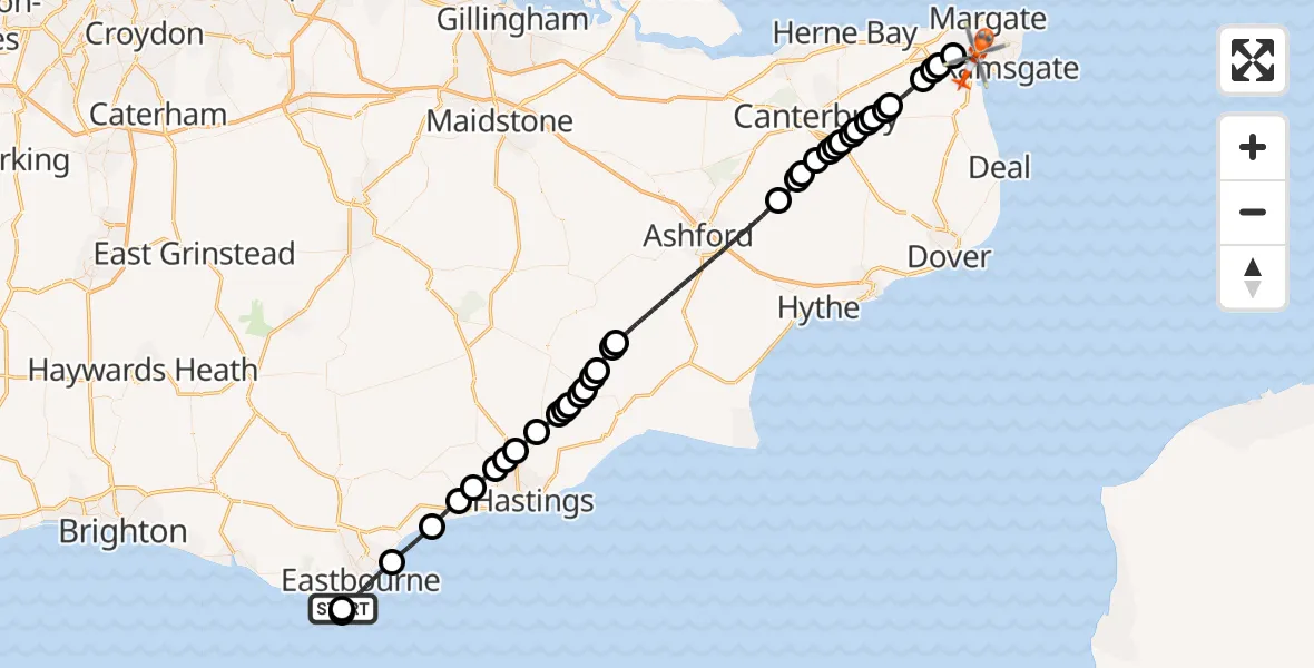 Flight path map showing Coastguard Helicopter route from Eastbourne to Manston Airport