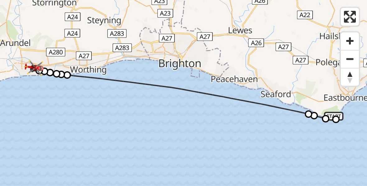 Flight path map showing Air Ambulance Helicopter route from Eastbourne to Rustington