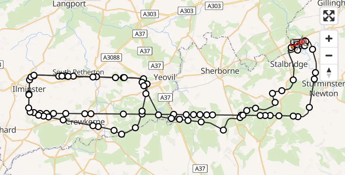 Flight path map showing Air Ambulance Helicopter route from Henstridge Airfield to Henstridge Airfield