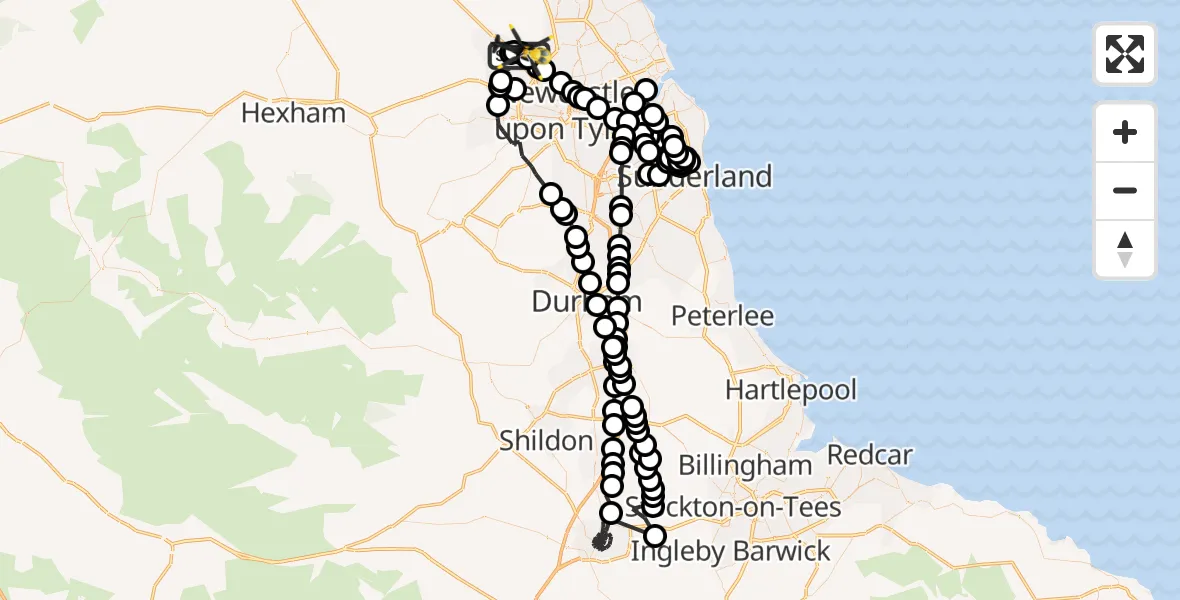 Flight path map showing Police Helicopter route from Newcastle International Airport to Newcastle International Airport