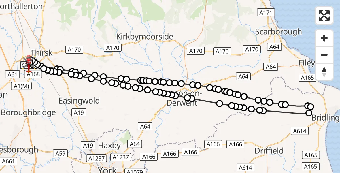 Flight path map showing Air Ambulance Helicopter route from RAF Topcliffe to RAF Topcliffe