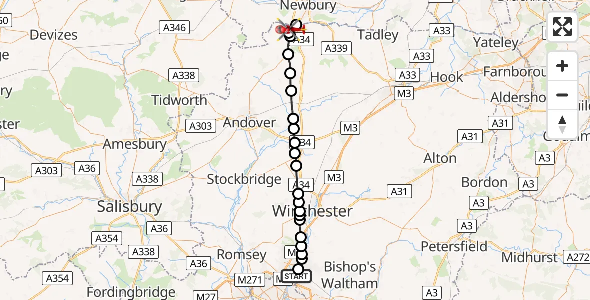 Flight path map showing Air Ambulance Helicopter route from Southampton Airport to Penwood