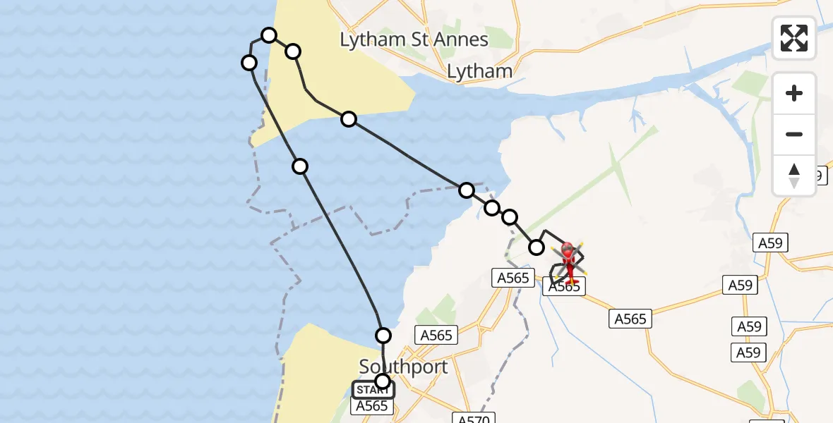 Flight path map showing Air Ambulance Helicopter route from Southport to Banks