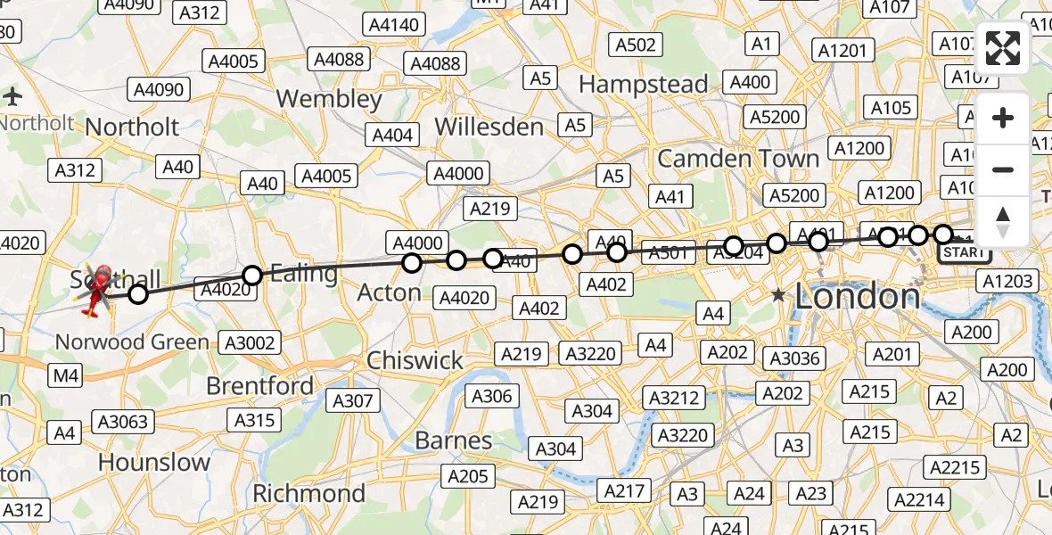 Flight path map showing Air Ambulance Helicopter route from Royal London Hospital to Ealing