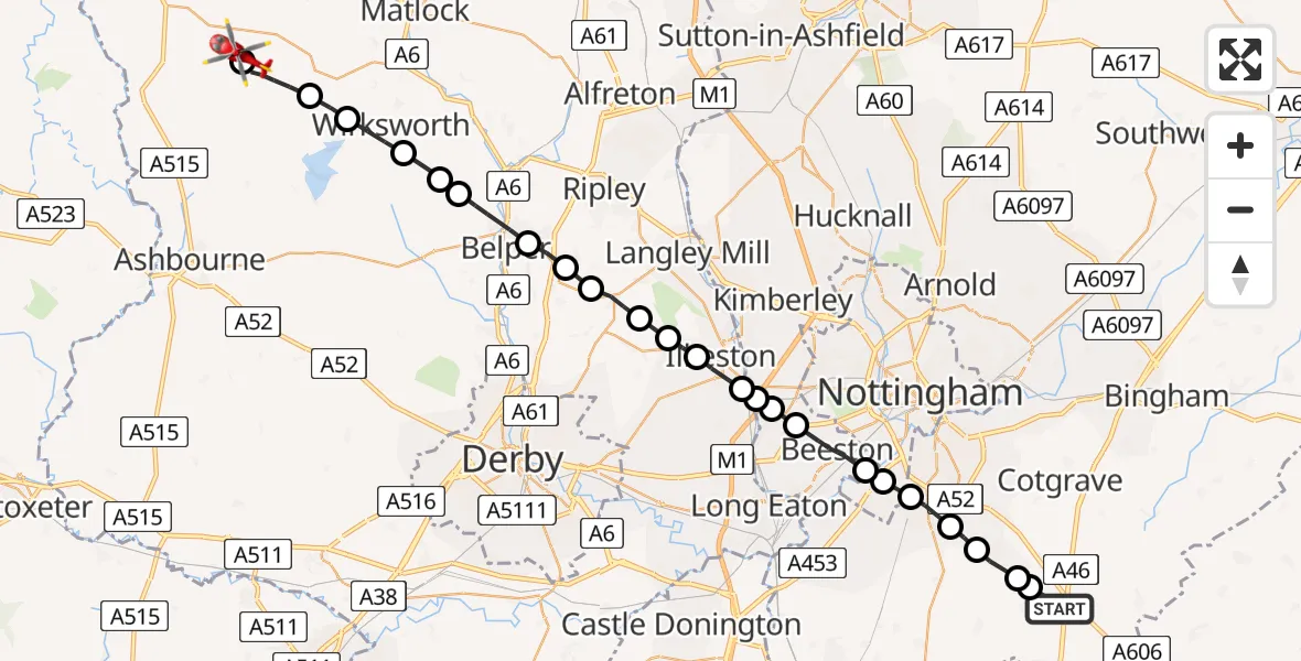 Flight path map showing Air Ambulance Helicopter route from Widmerpool to Ballidon CP