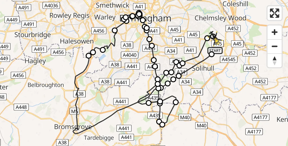 Flight path map showing Police Helicopter route from Solihull to Birmingham Airport