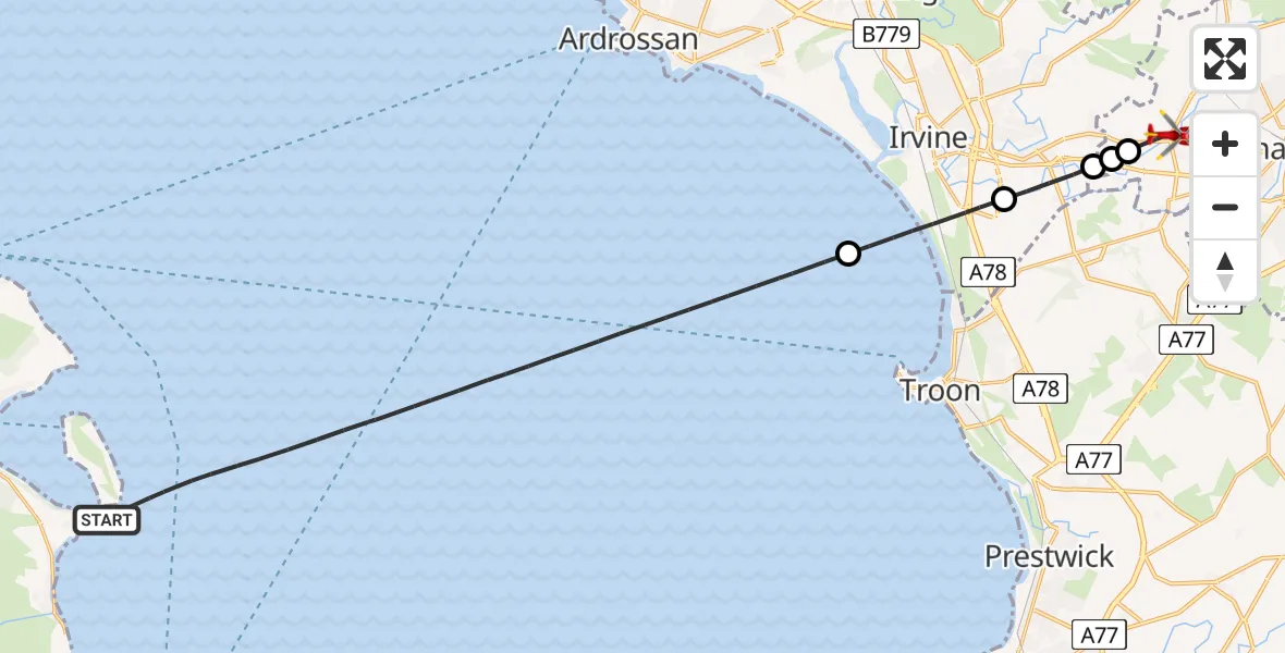 Flight path map showing Air Ambulance Helicopter route from Inner Seas to Crosshouse