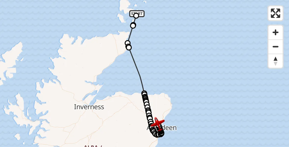 Flight path map showing Air Ambulance Aircraft route from Toab to Aberdeen International Airport