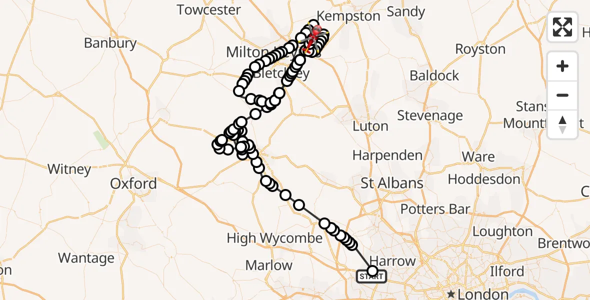 Flight path map showing Air Ambulance Helicopter route from RAF Northolt to Cranfield Airport