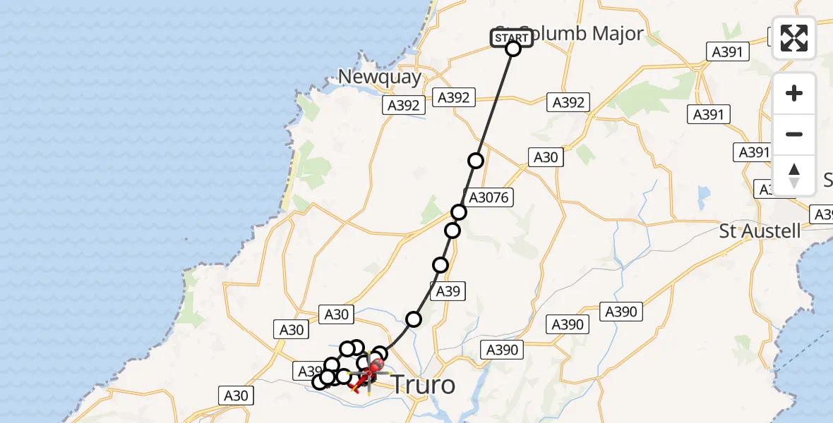 Flight path map showing Air Ambulance Helicopter route from Cornwall Airport Newquay to Treliske Hospital