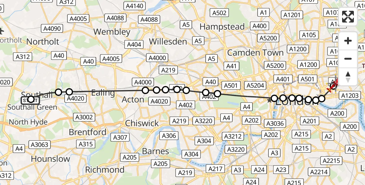 Flight path map showing Air Ambulance Helicopter route from Southall to Royal London Hospital