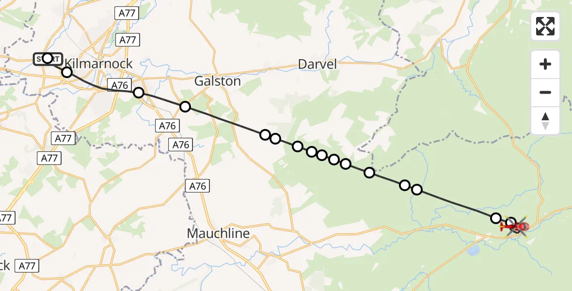 Flight path map showing Air Ambulance Helicopter route from Crosshouse University Hospital to Muirkirk