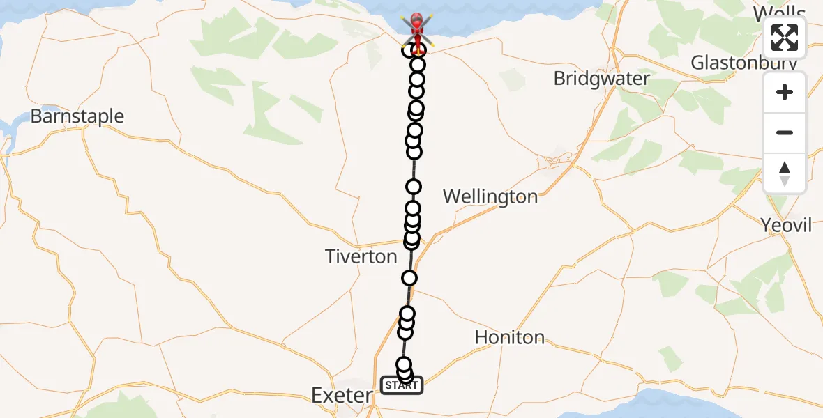 Flight path map showing Air Ambulance Helicopter route from Exeter International Airport to Old Cleeve