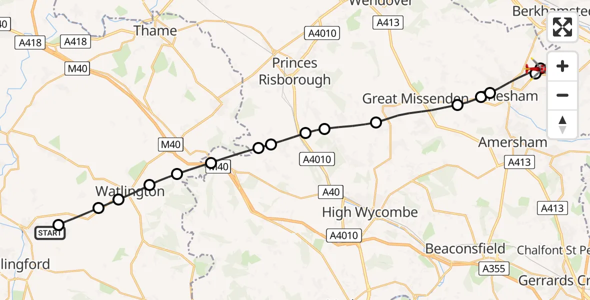 Flight path map showing Air Ambulance Helicopter route from RAF Benson to Chesham