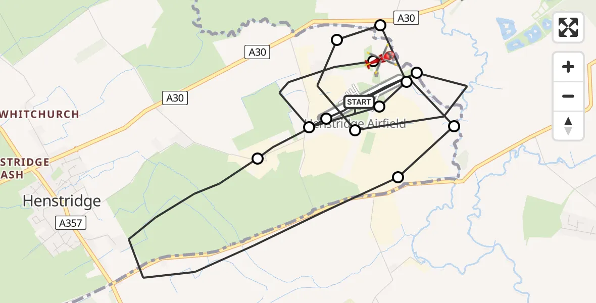 Flight path map showing Air Ambulance Helicopter route from Henstridge Airfield to Fifehead Magdalen