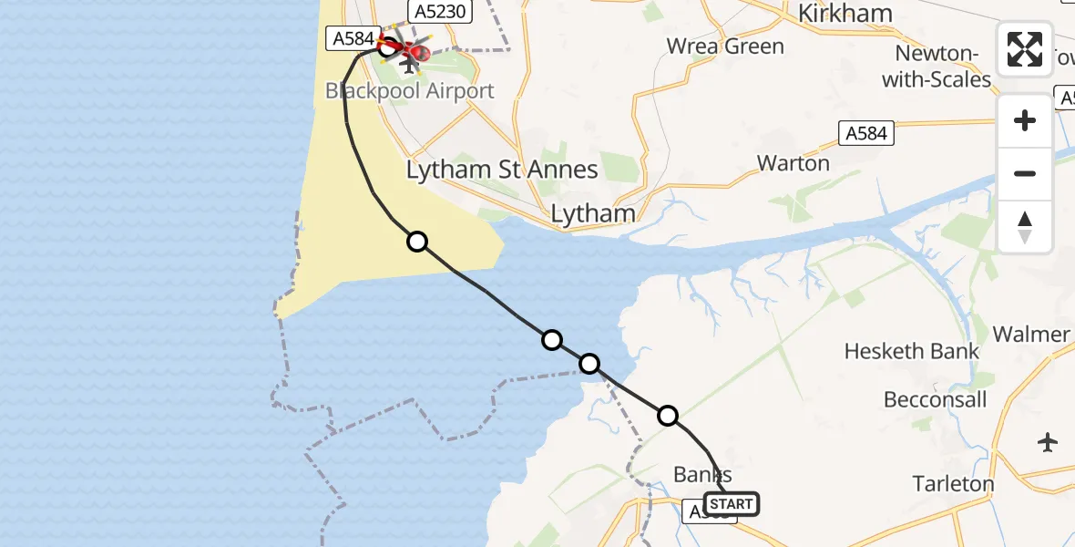 Flight path map showing Air Ambulance Helicopter route from Banks to Blackpool Airport
