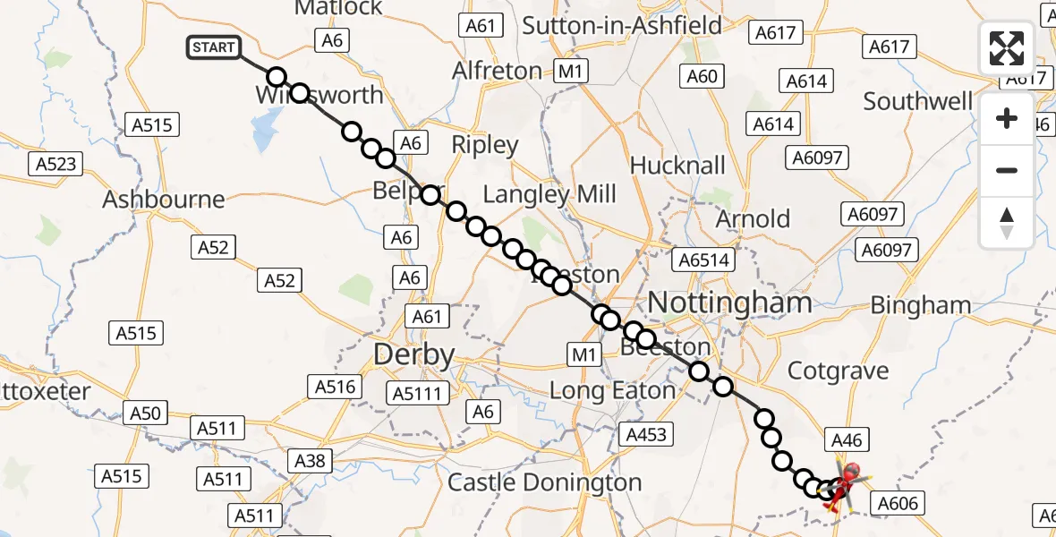 Flight path map showing Air Ambulance Helicopter route from Brassington CP to Nottingham Heliport