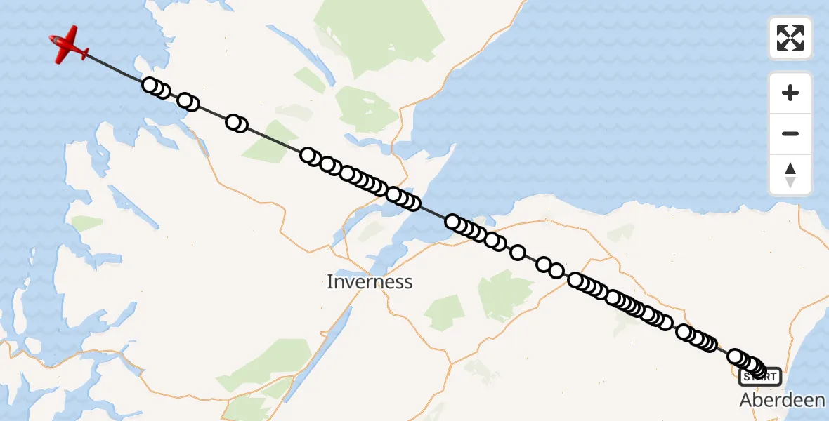 Flight path map showing Air Ambulance Aircraft route from Aberdeen International Airport to Inner Seas