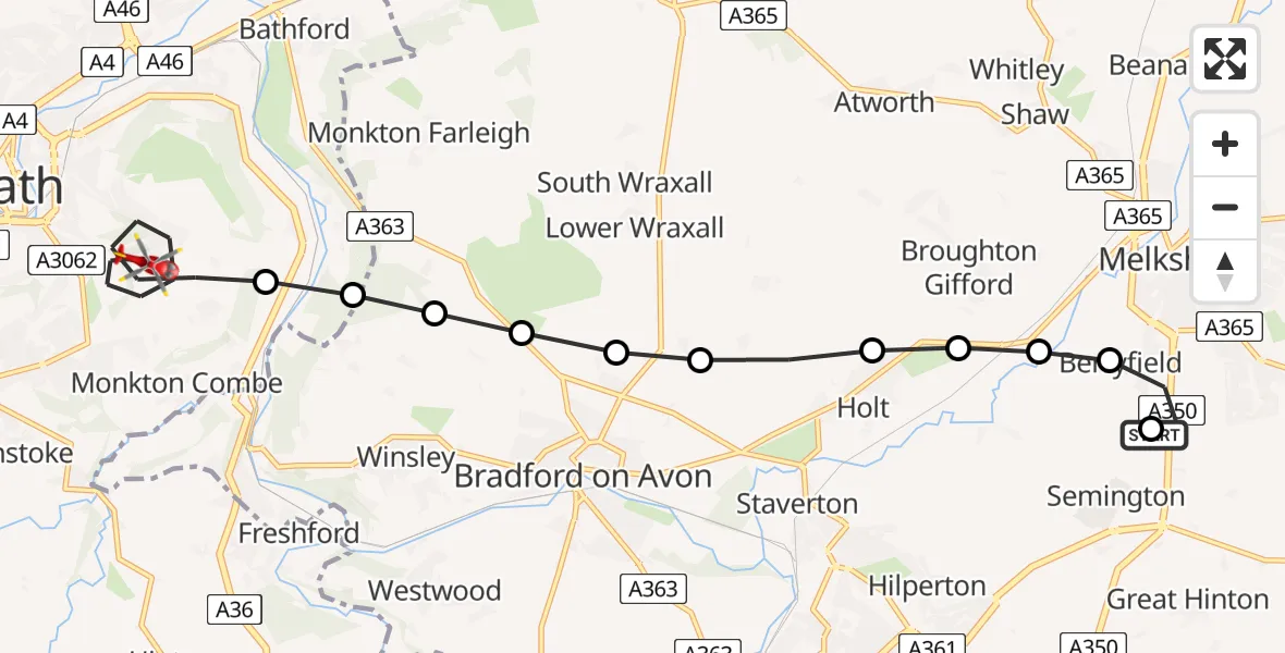 Flight path map showing Air Ambulance Helicopter route from Wiltshire Air Ambulance to Bath