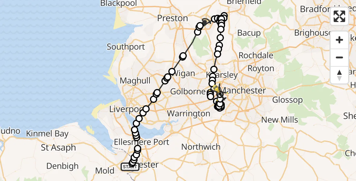 Flight path map showing Police Helicopter route from Hawarden Airport to Manchester Barton Aerodrome