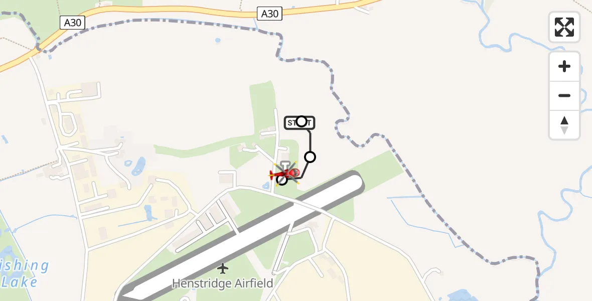 Flight path map showing Air Ambulance Helicopter route from Henstridge Airfield to Henstridge Airfield