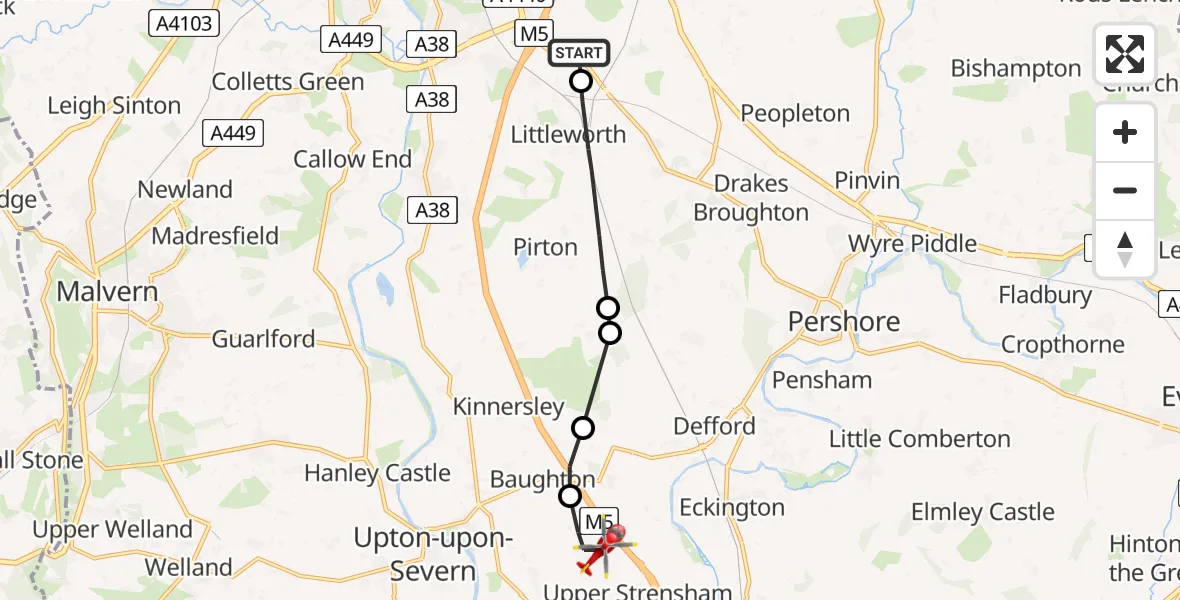 Flight path map showing Air Ambulance Helicopter route from Wychavon to Upper Strensham