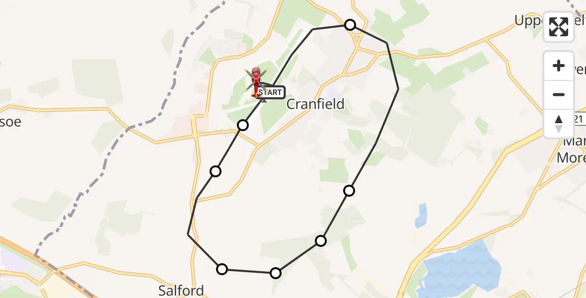 Flight path map showing Air Ambulance Helicopter route from Cranfield Airport to Cranfield Airport