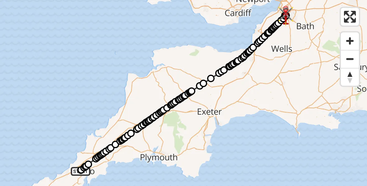 Flight path map showing Air Ambulance Helicopter route from Treliske Hospital to Bristol Royal Infirmary