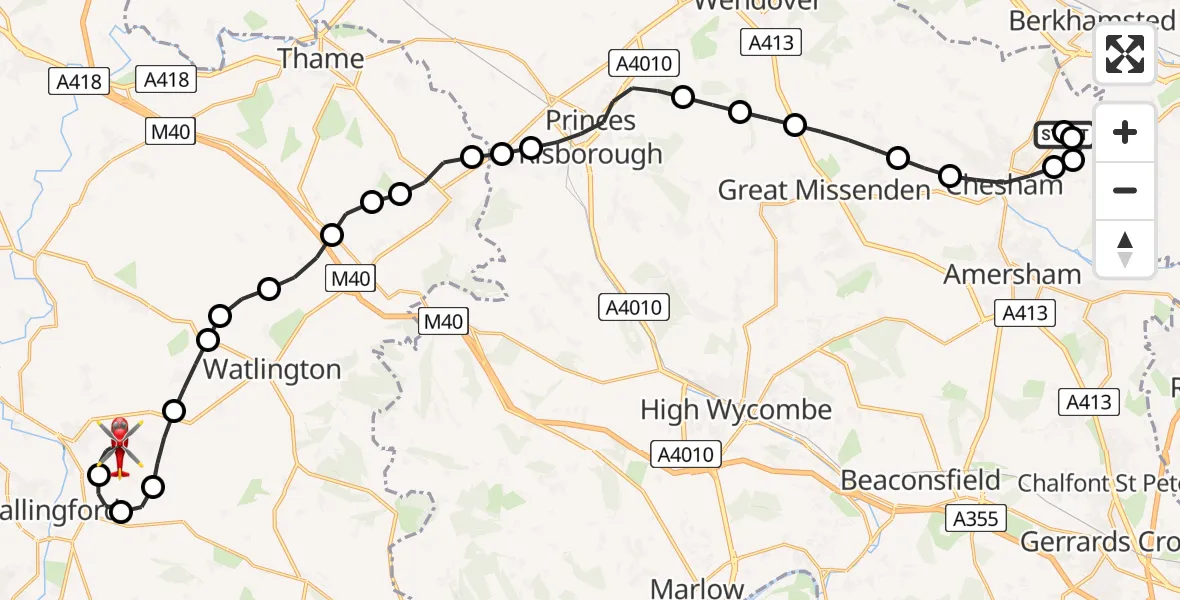 Flight path map showing Air Ambulance Helicopter route from Lye Green to RAF Benson