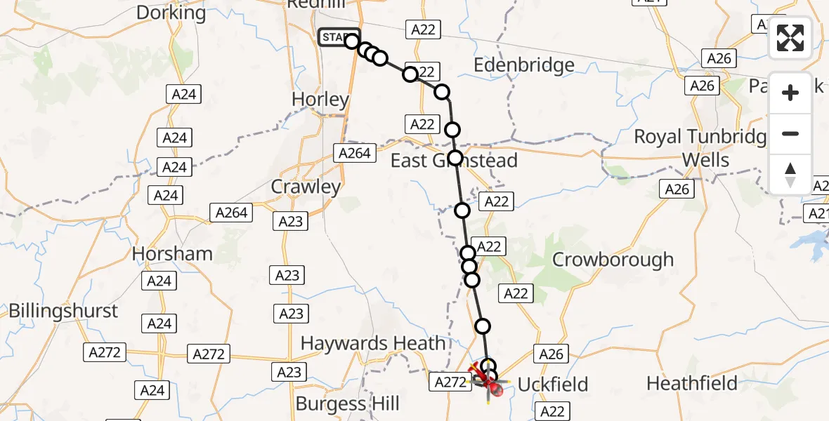 Flight path map showing Air Ambulance Helicopter route from Redhill Aerodrome to Lewes