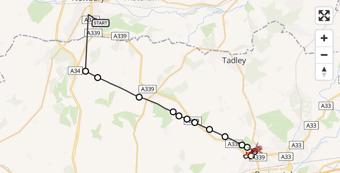 Flight path map showing Air Ambulance Helicopter route from Newbury to Basingstoke