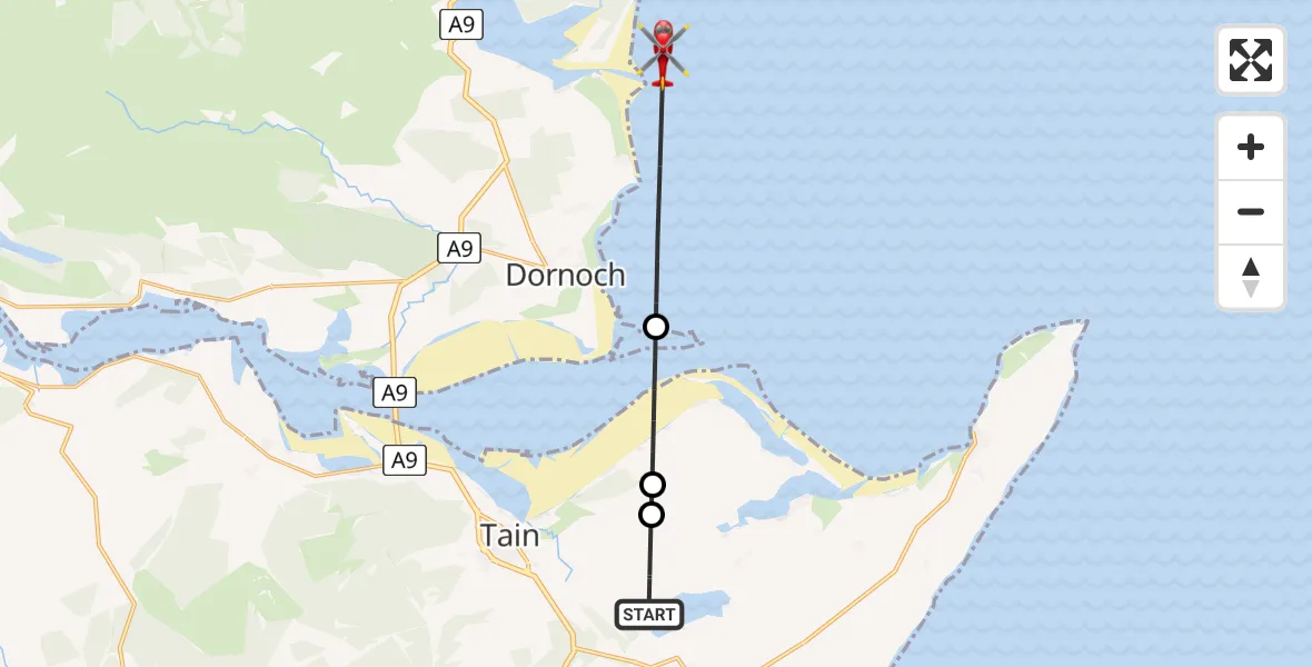 Flight path map showing Air Ambulance Helicopter route from Hill of Fearn to North Sea