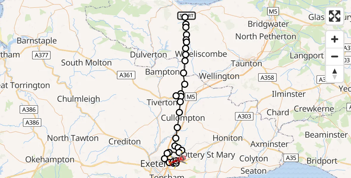 Flight path map showing Air Ambulance Helicopter route from Washford to Exeter International Airport