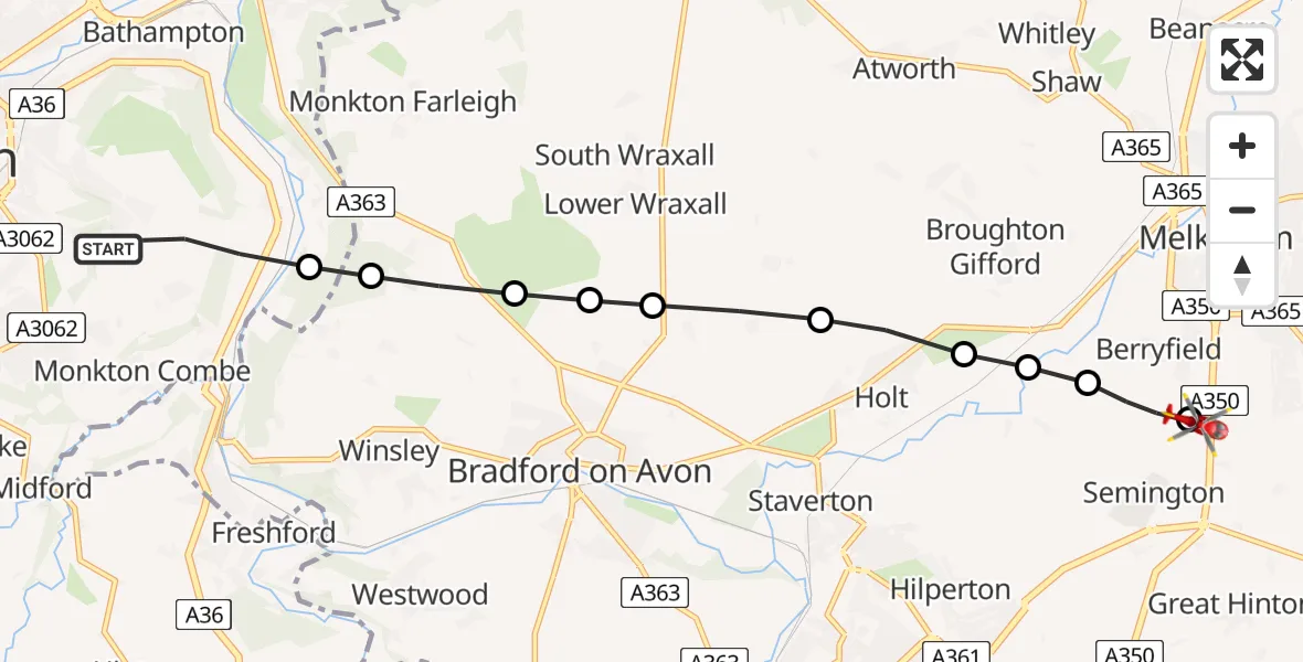 Flight path map showing Air Ambulance Helicopter route from Bath to Wiltshire Air Ambulance