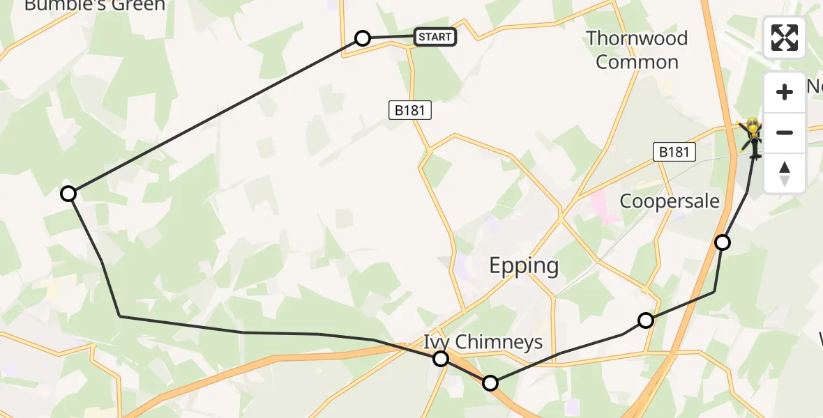 Flight path map showing Police Helicopter route from Thornwood Common to Coopersale