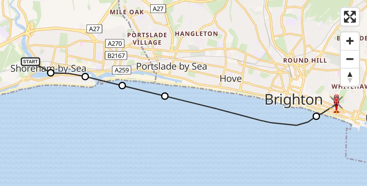 Flight path map showing Air Ambulance Helicopter route from Brighton City Airport to Brighton