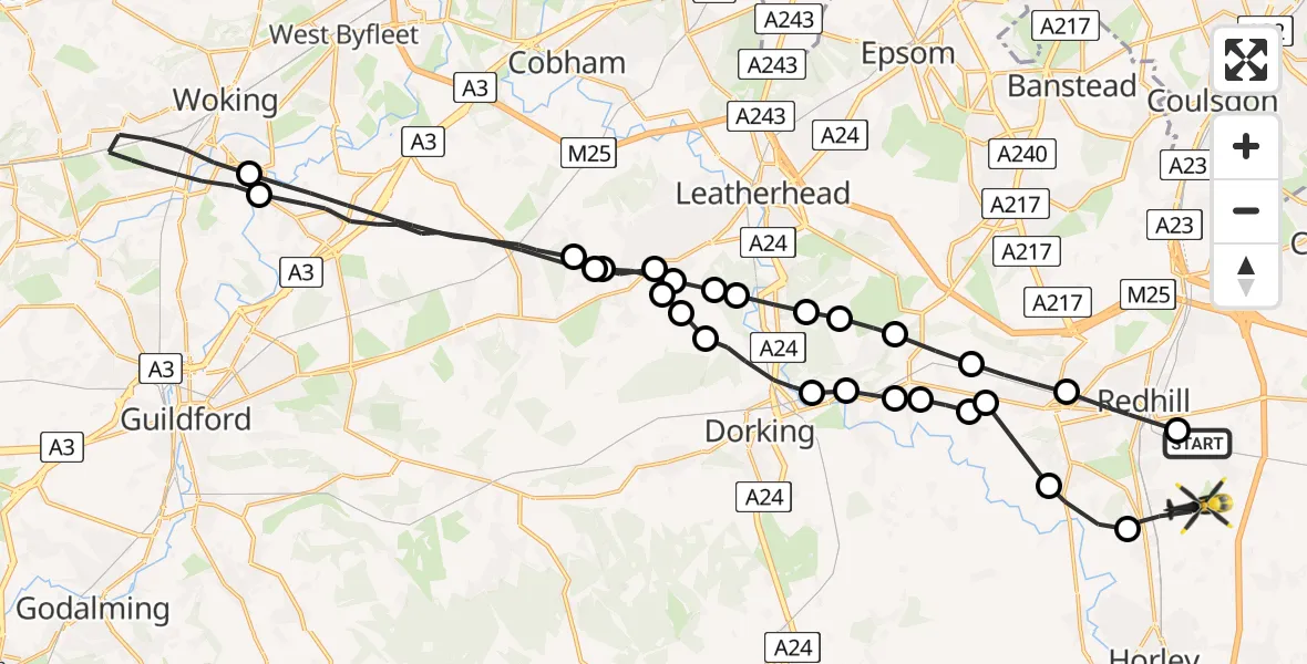 Flight path map showing Police Helicopter route from South Nutfield to Redhill Aerodrome