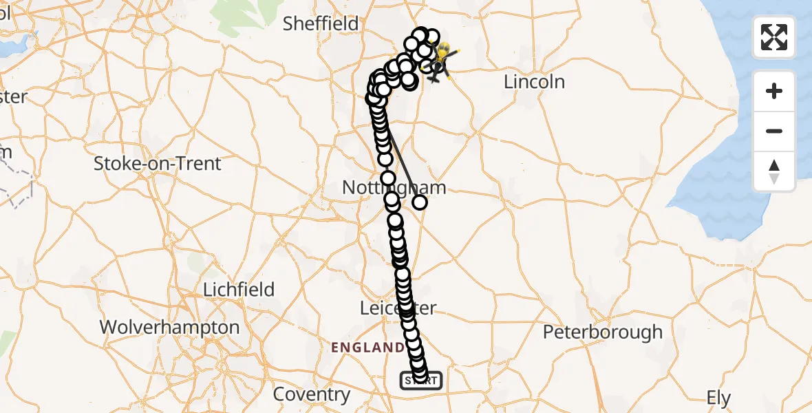 Flight path map showing Police Helicopter route from Marston Trussell to Elkesley