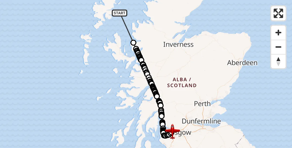 Flight path map showing Air Ambulance Aircraft route from Inner Seas to Glasgow Airport