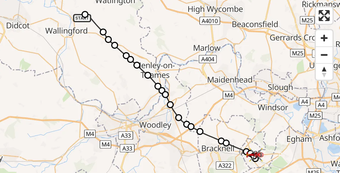 Flight path map showing Air Ambulance Helicopter route from RAF Benson to Ascot