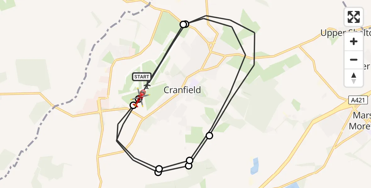 Flight path map showing Air Ambulance Helicopter route from Cranfield Airport to Cranfield Airport